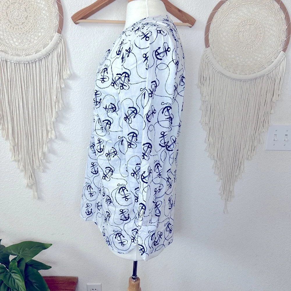 Talbots blue and white anchor novelty print cotton tunic top medium